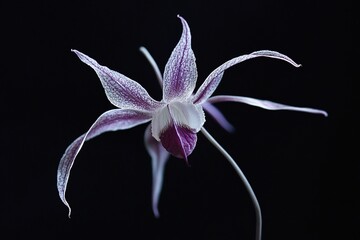 Close-up of a delicate purple and white orchid against a black background.