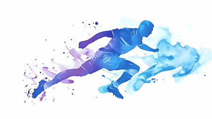Soccer player sprinting, dynamic action, watercolor style, white background; ideal for sports websites or marketing