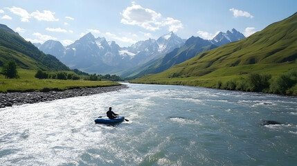 Naklejka premium Solo kayaker paddling down a river in a mountain valley, scenic background for adventure travel