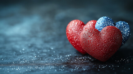 Romantic composition of hearts with sparkling wet details