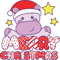 Cute hippo vector icon with christmas theme. Funny baby hippo animal christmas illustration.