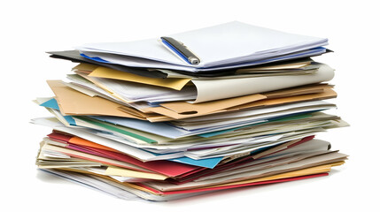 Stack of office papers and pen on white background; paperwork, office work, organization, busy