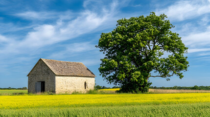 Obraz premium Stone barn, large tree, canola field, sunny day, rural landscape, idyllic scenery, nature photography