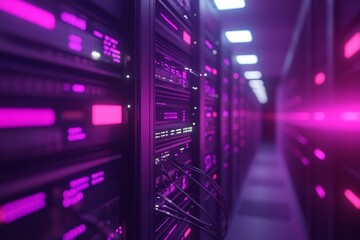 Fototapeta premium Modern server room interior with network equipment and cables.