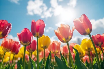 Vibrant red and yellow tulips basking in bright sunlight against a clear blue sky.