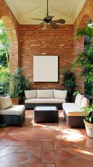 Relaxing outdoor lounge area tropical garden photography natural light wide angle tranquility