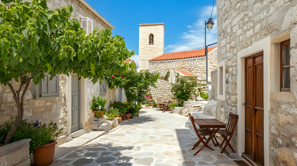 Sunny stone village street, church in background, flowers, tables, travel destination