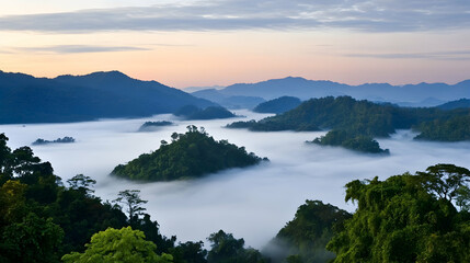 Sunrise over misty mountains and valleys; idyllic landscape for travel brochures and nature documentaries
