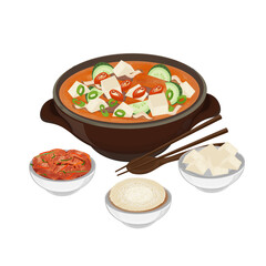 Vector Illustration Logo Clipart Delicious Korean Silken Tofu Soup or Doenjang Jjigae 