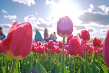 Close-up of vibrant pink tulips in a field with people in the background on a sunny day.