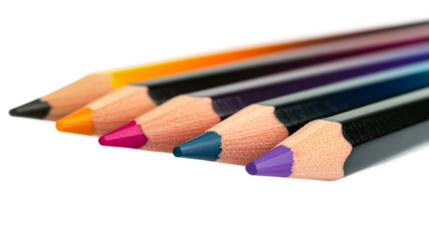 Colorful pencils arranged in a row on a white background showcasing vibrant hues isolated on transparent background