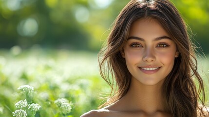 Naklejka premium Woman smiling, spring field, sunny day, beauty