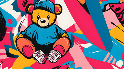 Teddy bear graffiti art, urban background, playful design, kids fashion