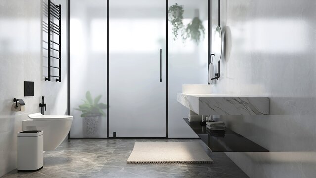 Modern, luxury bathroom with marble vanity counter, white washbasin, round mirror, glass partition to shower enclosure, toilet, gray wall for interior design, toiletries product background 3D