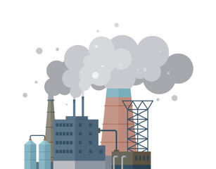 Obraz premium A factory emits dense smoke from multiple chimneys with industrial buildings, silos, and support structures. Ideal for environmental issues, industrial themes, pollution awareness, climate change