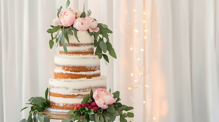 Three-tiered naked wedding cake with pink peonies and eucalyptus, lights background; perfect for wedding blogs or invitations