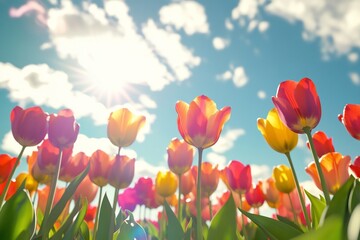 Fototapeta premium Low angle view of colorful tulips against a bright sunny sky.
