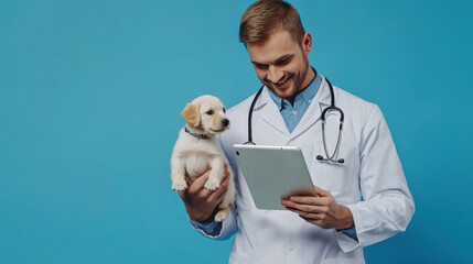 A cheerful young man in a white lab coat holds a small dog in his arms and looks at the test results on a tablet. A feeling of warmth and care. Veterinarian's Day. Online consultation
