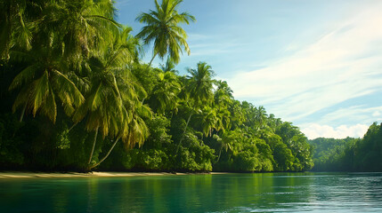 Obraz premium Tropical island paradise; calm, turquoise water; lush palm trees; sunny sky; ideal for travel brochures