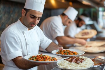 Chef carefully plating delicious restaurant food.