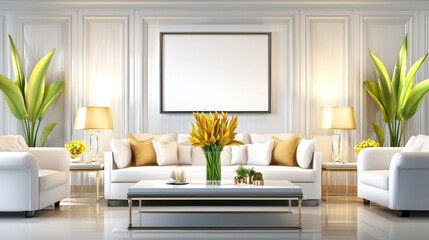 Elegant living room design with white furniture and floral accents contemporary home interior decoration bright atmosphere