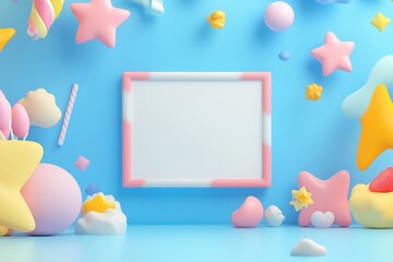Blank frame mockup surrounded by pastel-colored 3D shapes and elements against a light blue background.