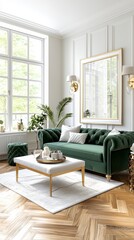 Elegant living room decor with green sofa modern interior natural light cozy environment stylish viewpoint