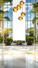 Elegant modern interior design with hanging lights contemporary living space natural light indoor garden serenity
