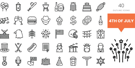 Collection of festive outline icons celebrating the 4th of July.