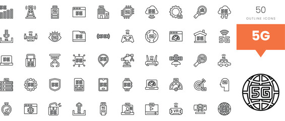Collection of 5G outline icons showcasing technology and connectivity solutions.