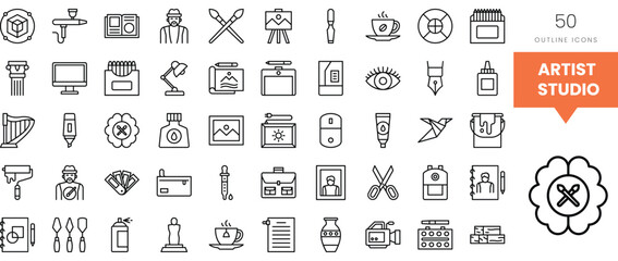 A collection of outline icons representing tools and elements of an artist's studio.