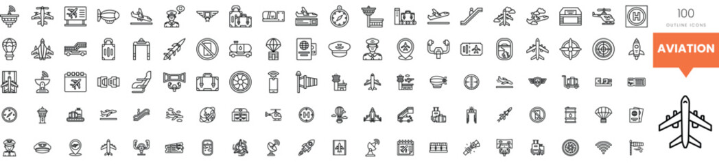 Collection of aviation-themed line icons showcasing various related symbols.