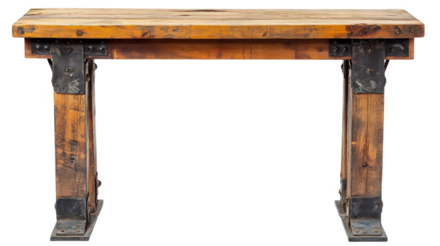Wooden table with metal legs designed for rustic dining or workspace isolated on transparent background