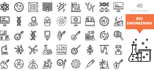 Collection of bioengineering icons showcasing scientific tools and concepts.