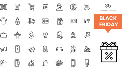 Outline icons representing shopping elements and Black Friday sales themes.