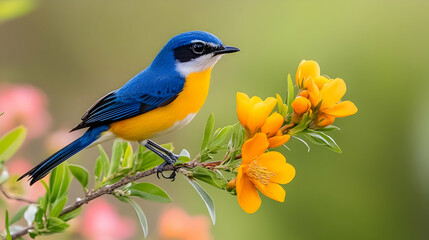 Vibrant blue and yellow bird perched on orange flowers, blurred green background, ideal for nature websites or publications