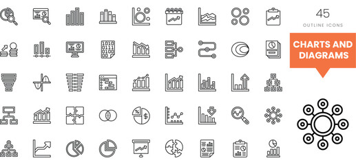Collection of diverse outline icons depicting various charts and diagrams.