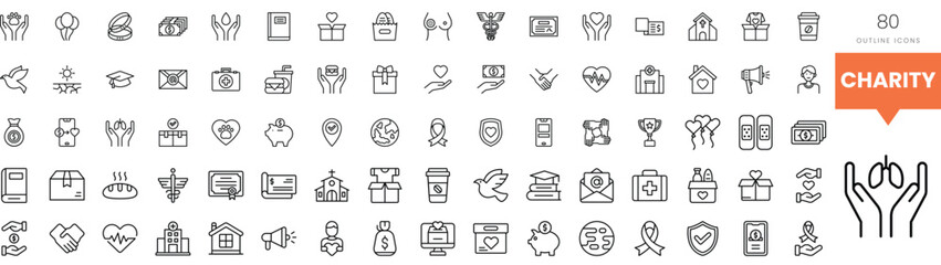 A diverse collection of charity-related outline icons featuring various symbols.