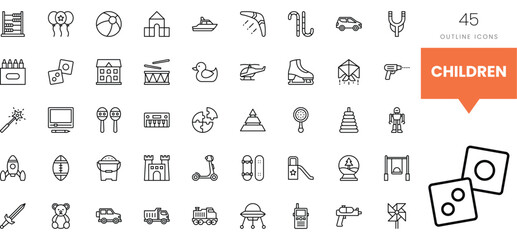 A collection of playful outline icons representing children's toys and activities.