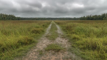 Rainy day, path through grassy field, cloudy sky, nature scene, travel background
