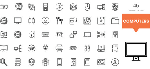 A diverse collection of computer-related outline icons showcasing technology.