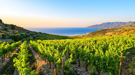 Naklejka premium Vineyard sunset coastal landscape, idyllic Greek island scenery, wine tourism