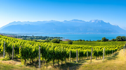 Fototapeta premium Vineyards overlooking lake and mountains; idyllic summer landscape; wine region tourism