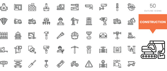 A collection of 50 outline icons representing various construction tools and equipment.