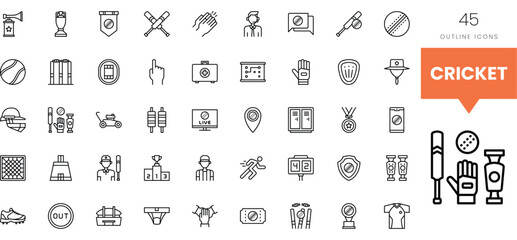 A collection of cricket-themed outline icons showcasing the sport's essentials.