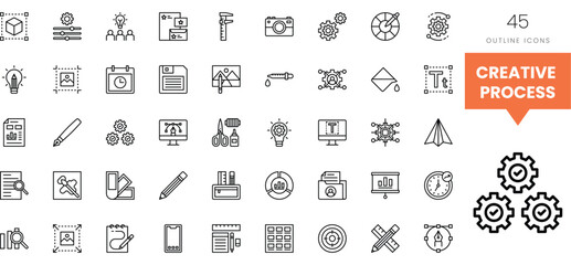 A collection of outline icons representing various stages of the creative process. © Kupict