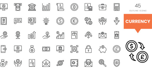 Collection of outline icons depicting currency and financial themes in a modern style.