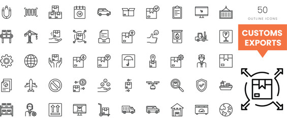 A collection of logistics and shipping-related outline icons for customs exports.