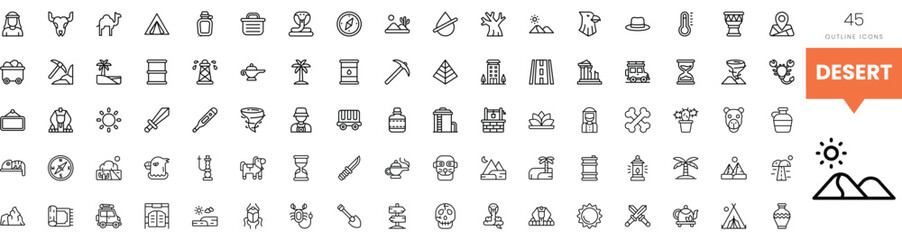 A diverse collection of minimalist desert-themed icons in black and white.