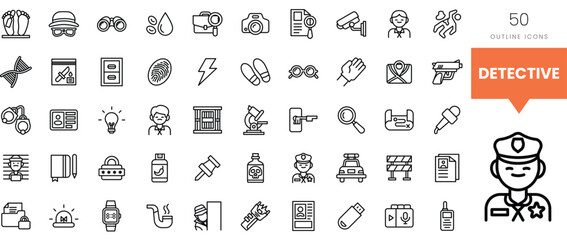 Vector set of detective-themed outline icons featuring various investigative tools.